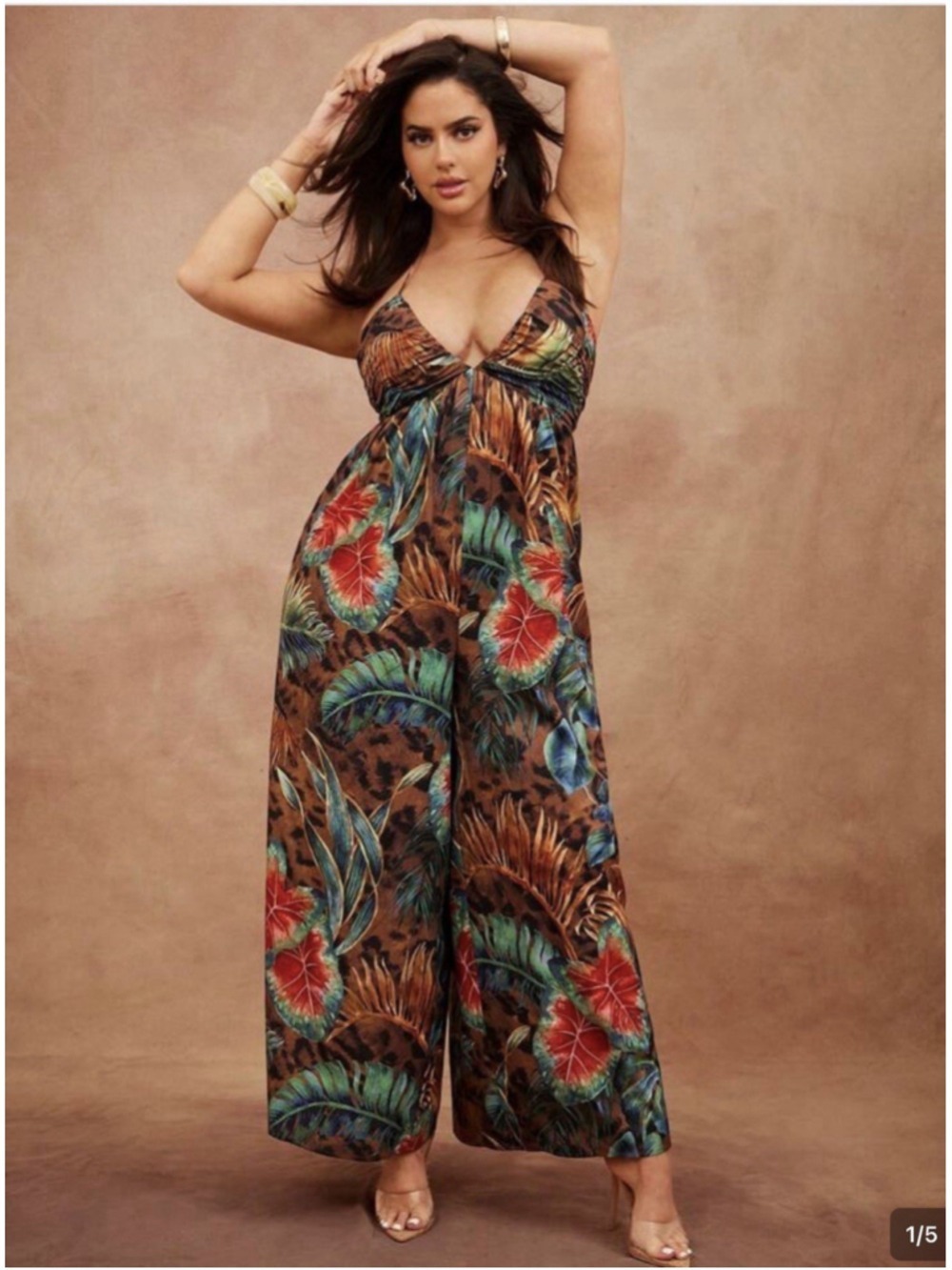 Hauture Women's Brown Leopard Jungle Print Halter Deep V-Neck 4XL jumpsuit
